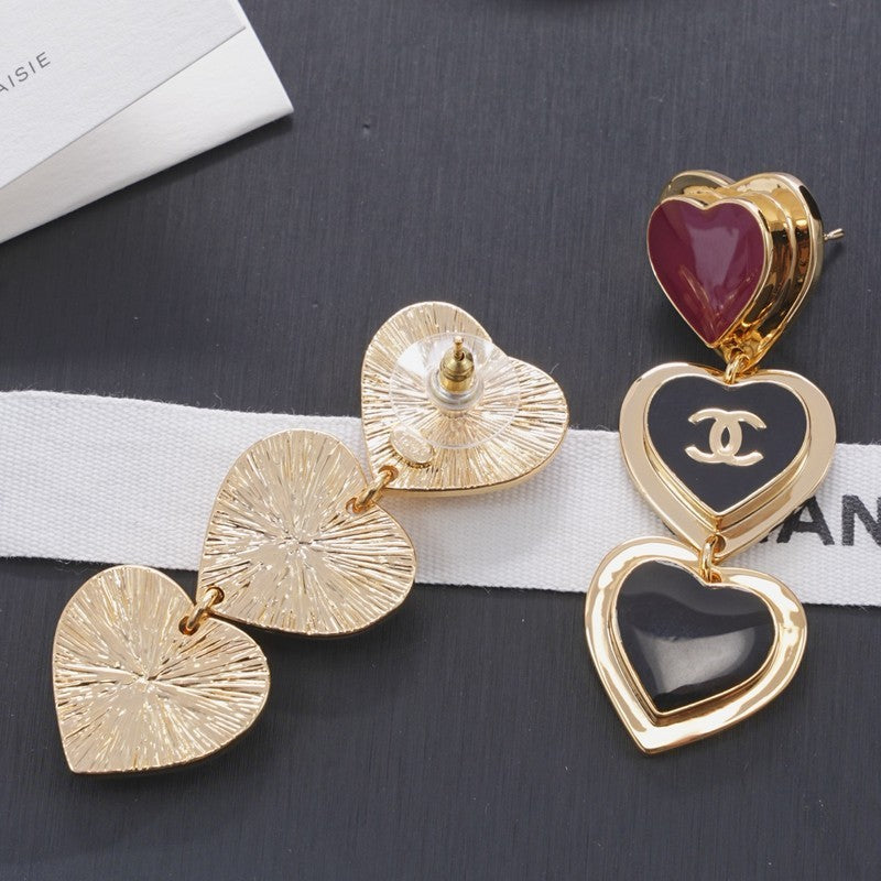 Chanel Black & Red Heart Gold Long 18K Gold Earrings