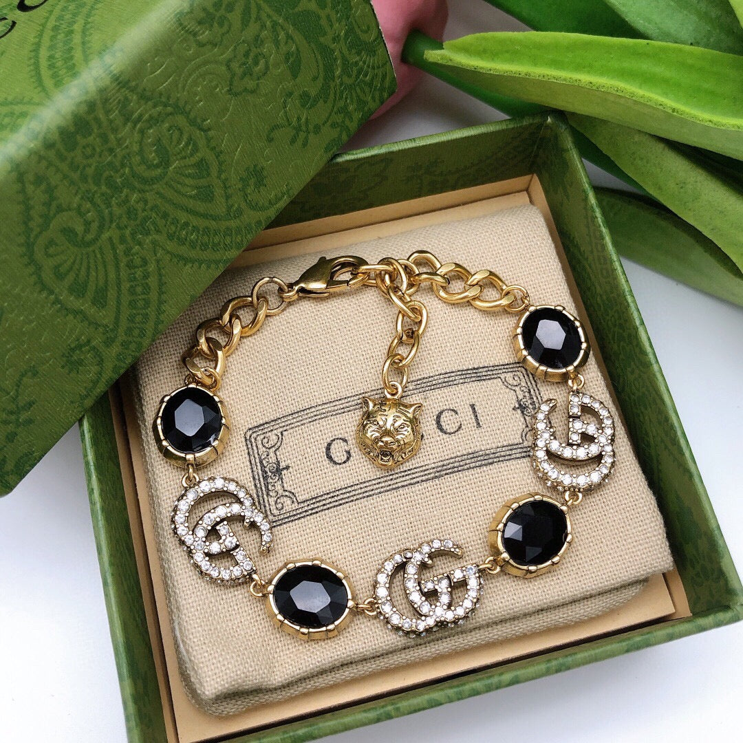 Gucci Double Black Stones Chain 18K Gold Bracelet