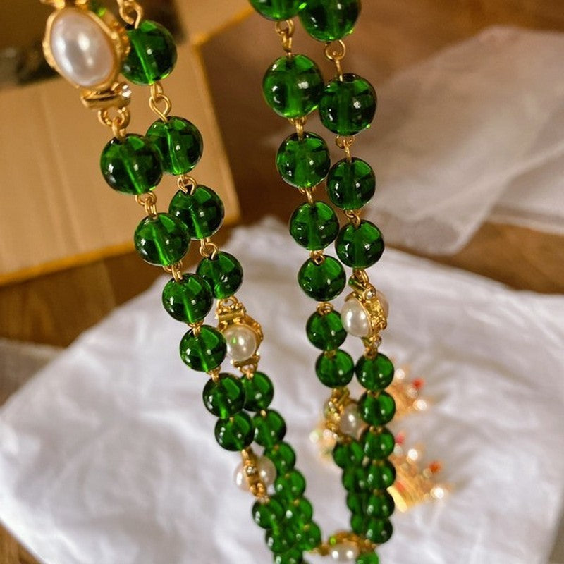 Chanel Long Green & White Pearls 18K Gold Necklace
