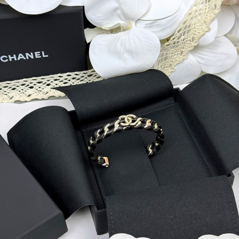 Chanel 26C Black Leather Cuff 18K Gold Bracelet
