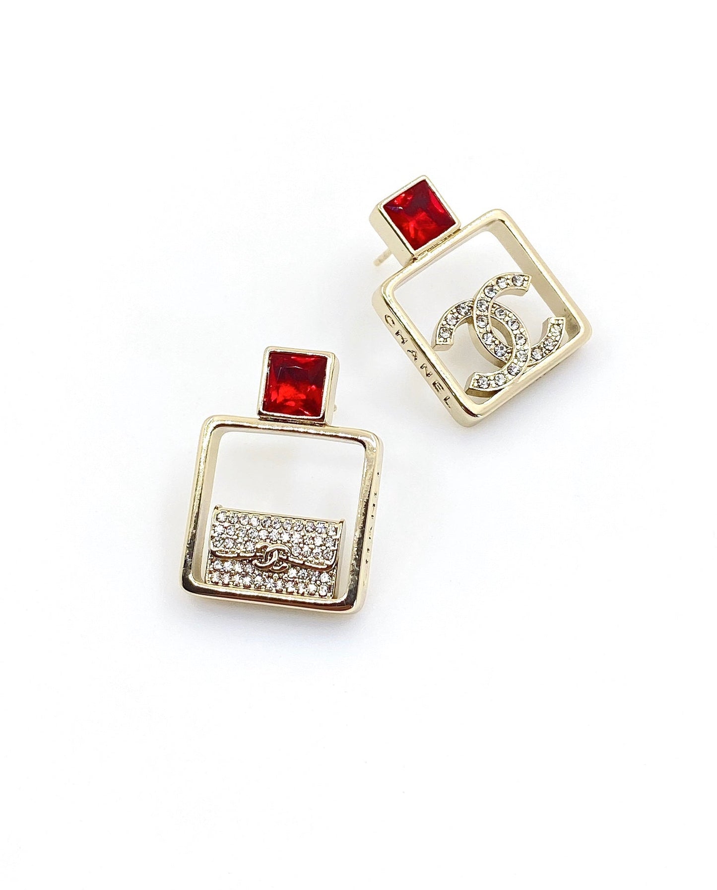 Chanel Red Bottle Pendant 18K Gold Earrings