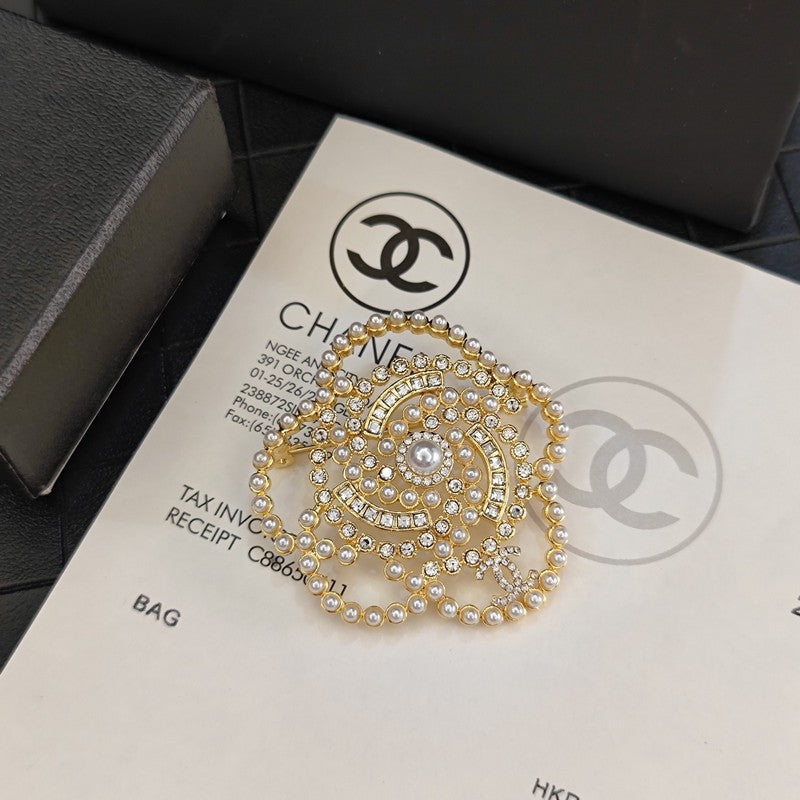 Chanel Camellia Pearl 18K Gold Brooch