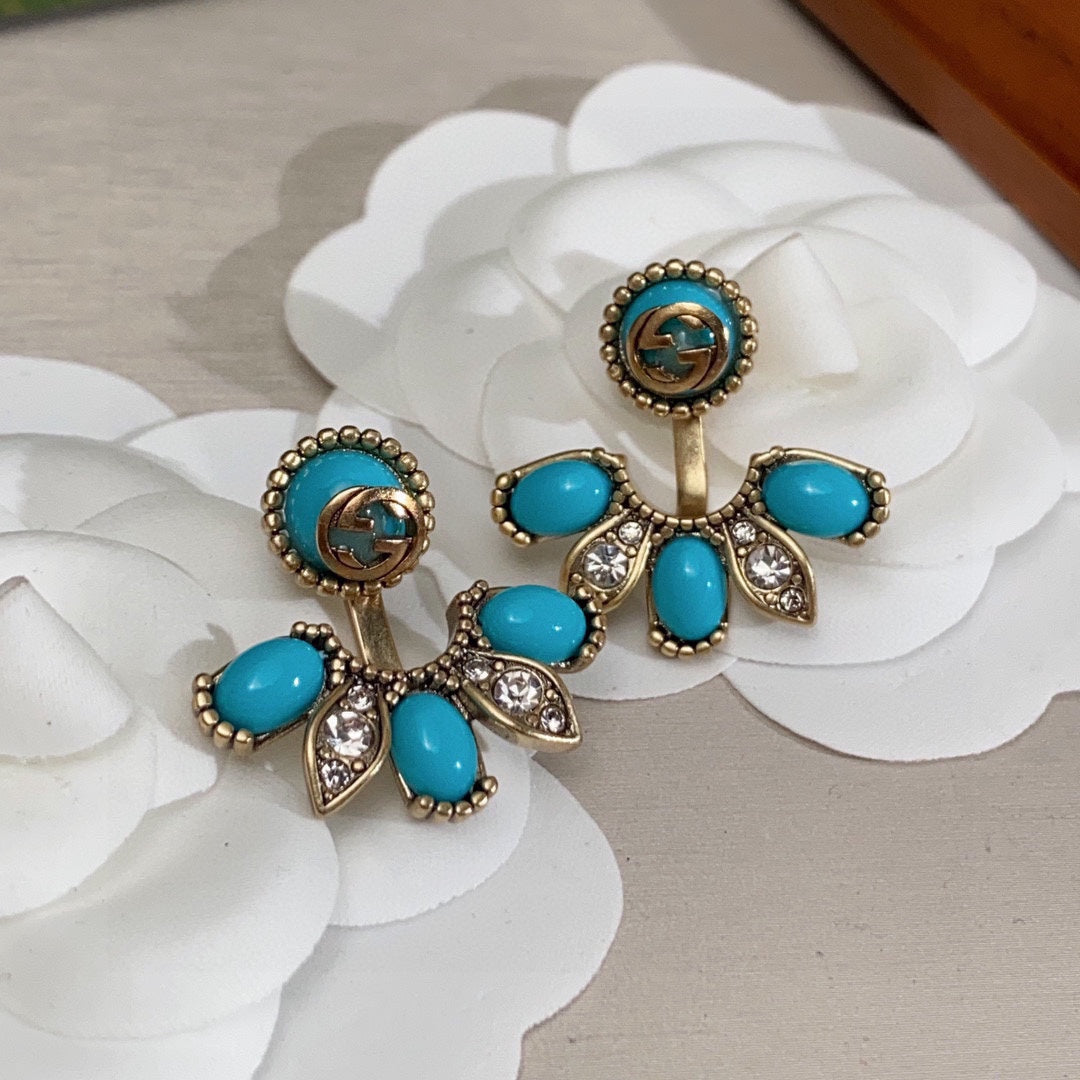 Gucci Double Blue Flowers 18K Gold Earrings