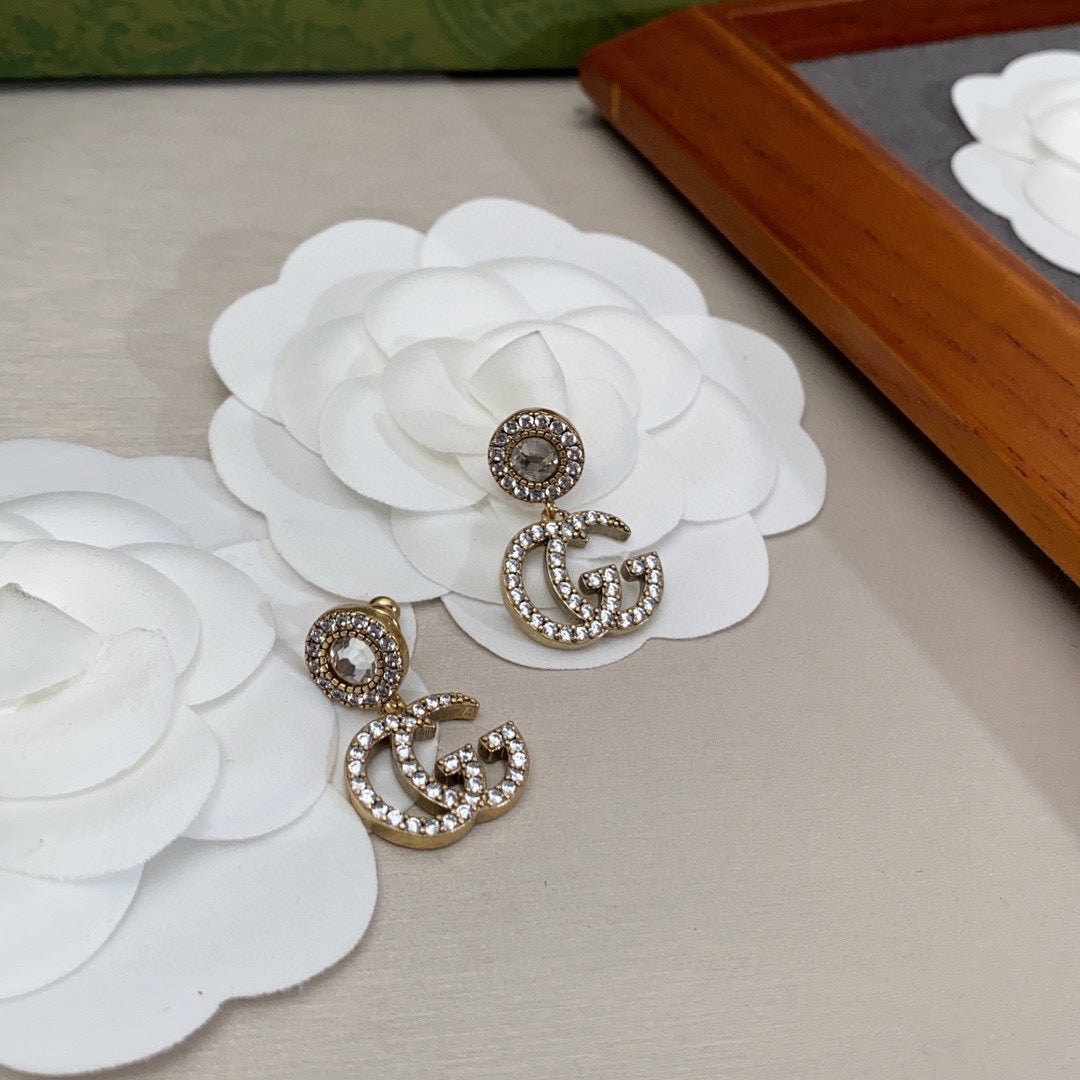 Gucci Double Crystal Pendant 18K Gold Earrings