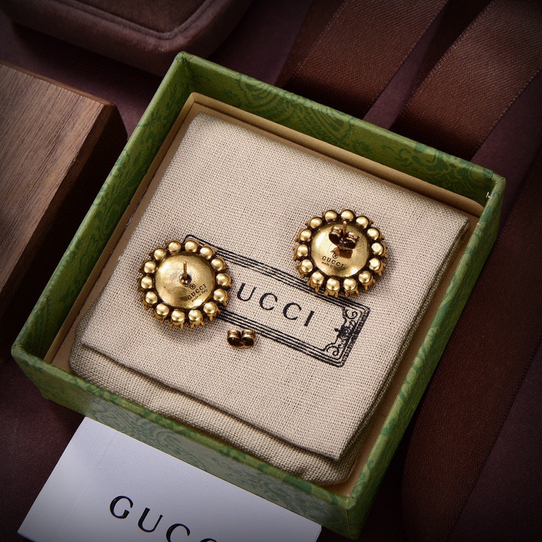 Gucci Double Flower Crystals 18K Gold Earrings
