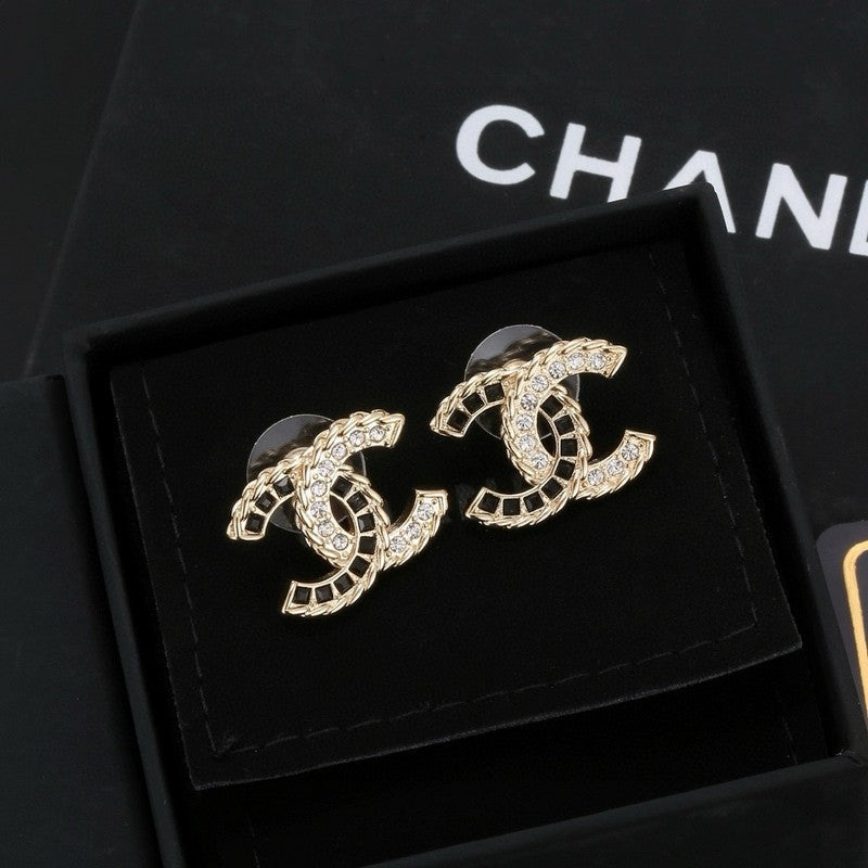 Chanel Crystal Leather 18K Gold Earrings