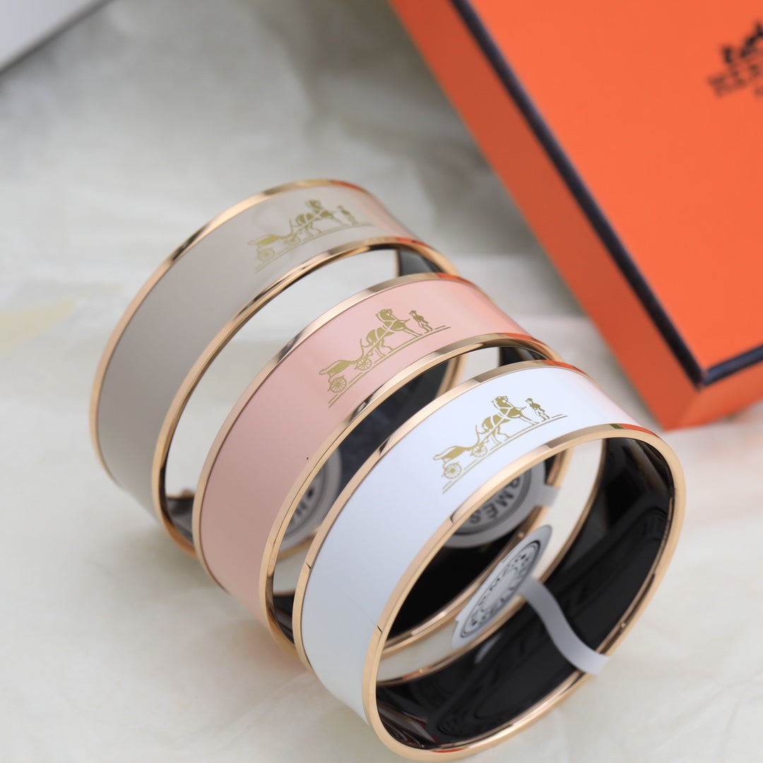 Hermes Enamel Cal ̈ ̈che Wide Bangle 18K Gold Bracelet
