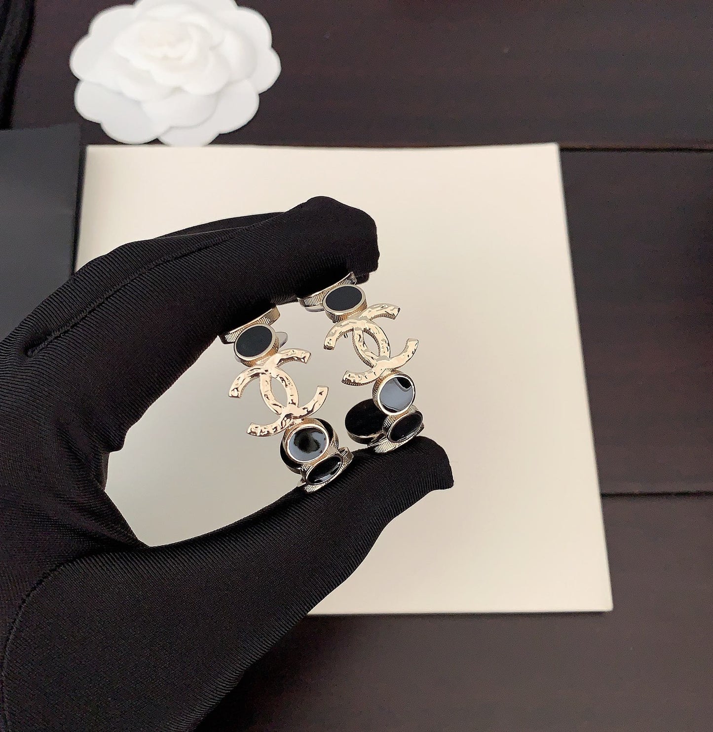 Chanel Black Crystals 18K Gold Earrings