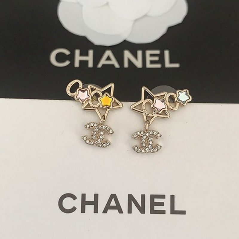 Chanel Color Crystal Star 18K Gold Earrings