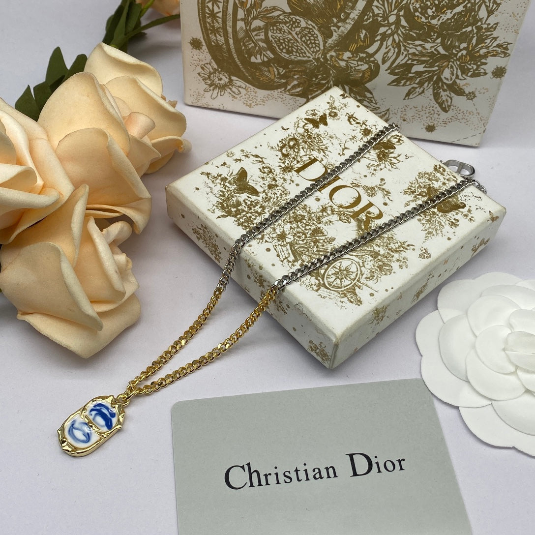 Dior Icon Chain Blue White Resin 18K Gold Necklace