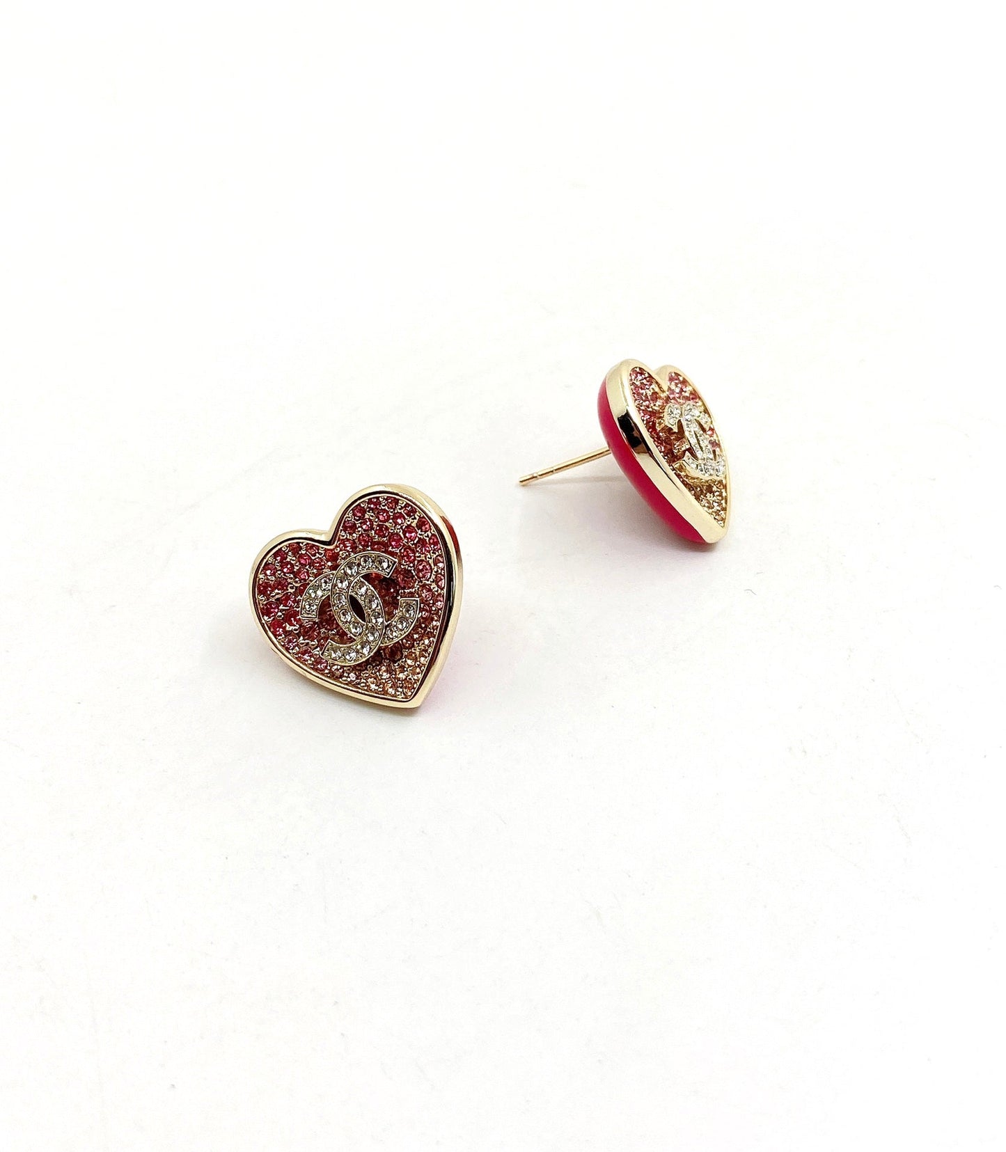Chanel Diamond Pink Heart 18K Gold Earrings