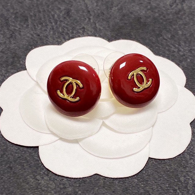 Chanel Wine Red Round 18K Gold Earrings