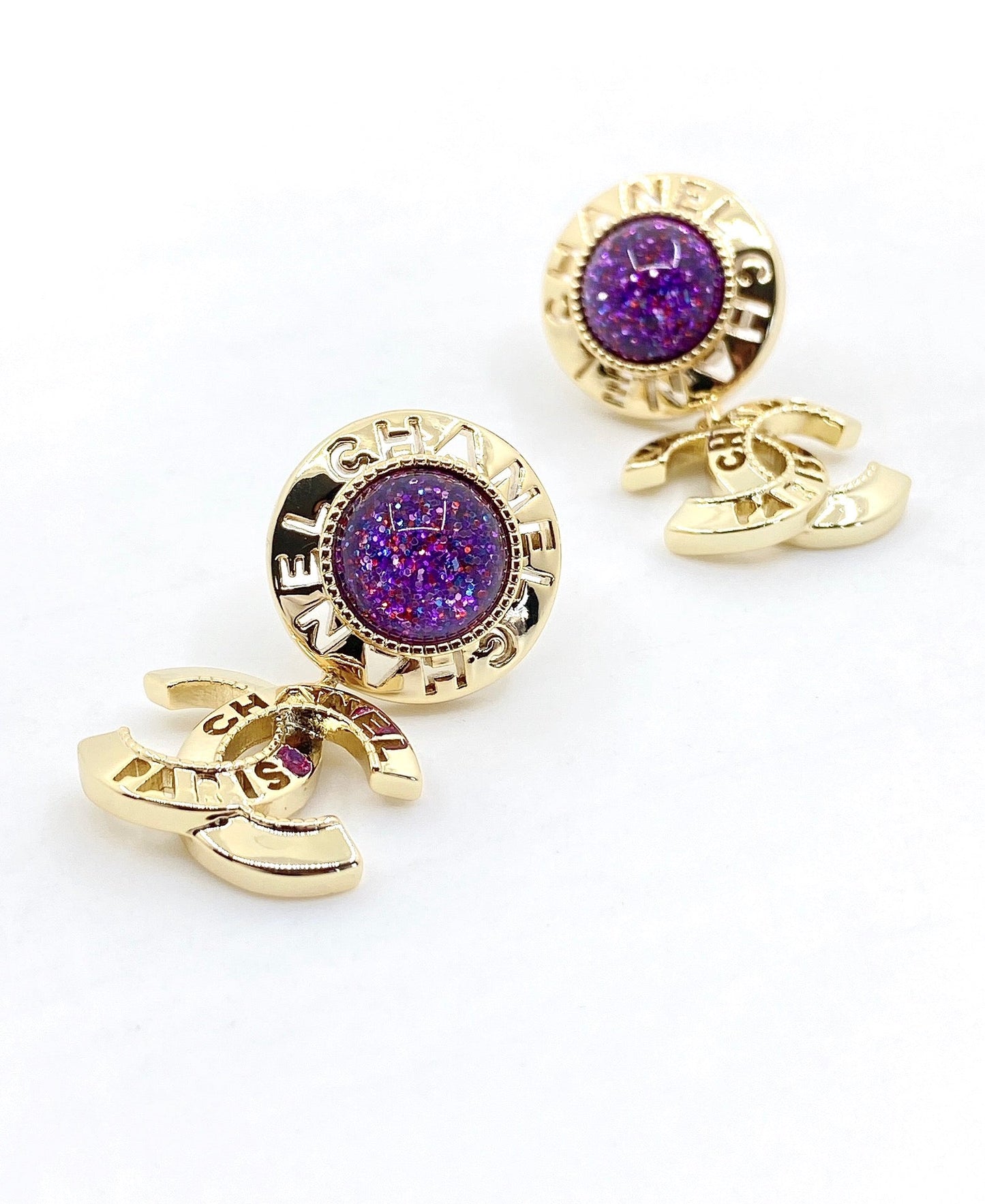 Chanel Purple Crystals 18K Gold Earrings