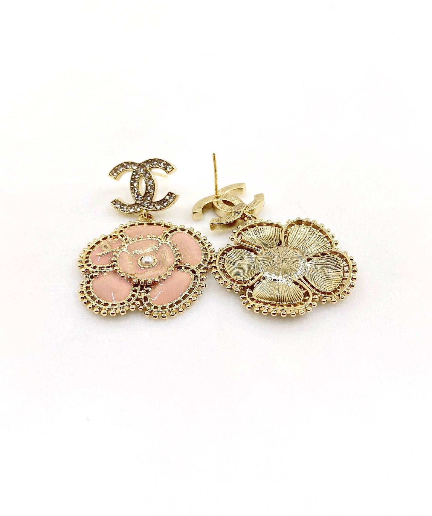 Chanel Pink Flower 18K Gold Earrings
