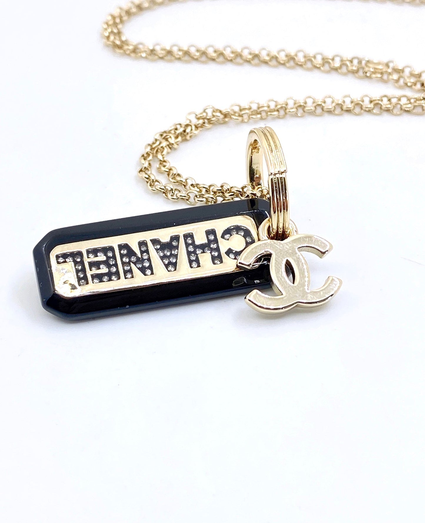 Chanel Black Plate Chain 18K Gold Necklace
