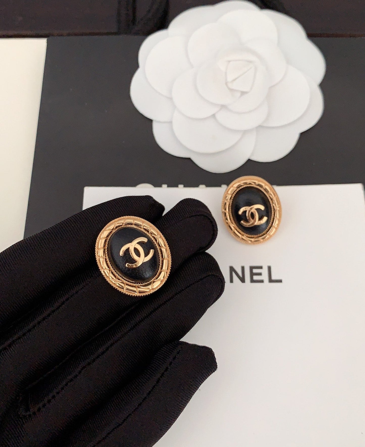 Chanel Oval Leather 18K Gold Earrings