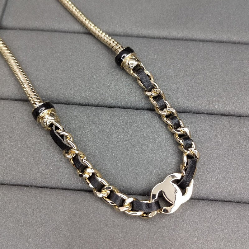 Chanel Black Leather Gold Chain 18K Gold Necklace