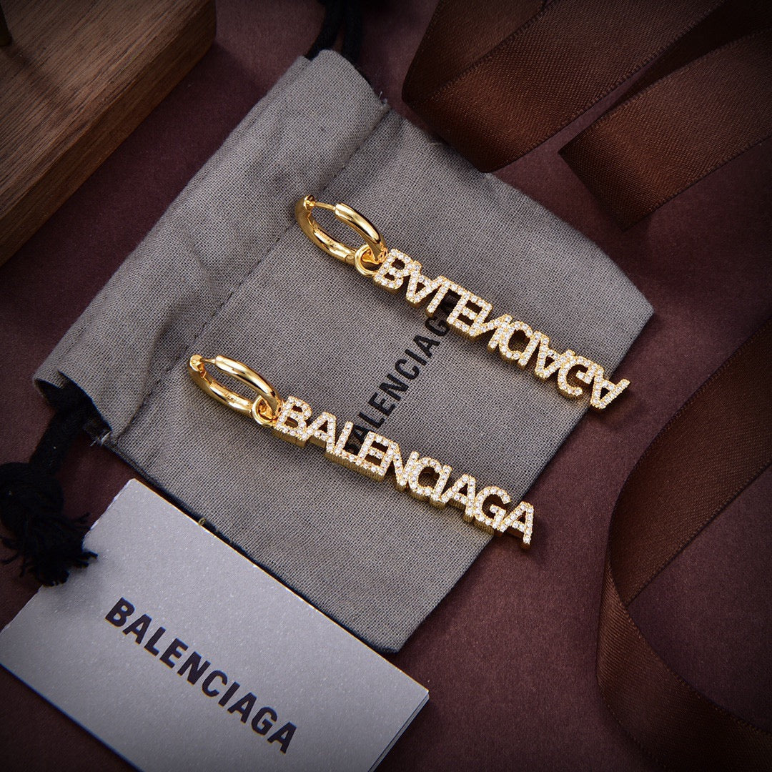 Balenciaga Typo Mirror Hoop Crystals 18K Gold Earrings