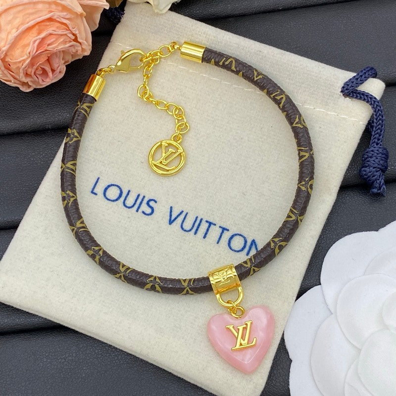 Louis Vuitton Leather Pink Heart 18K Gold Bracelet