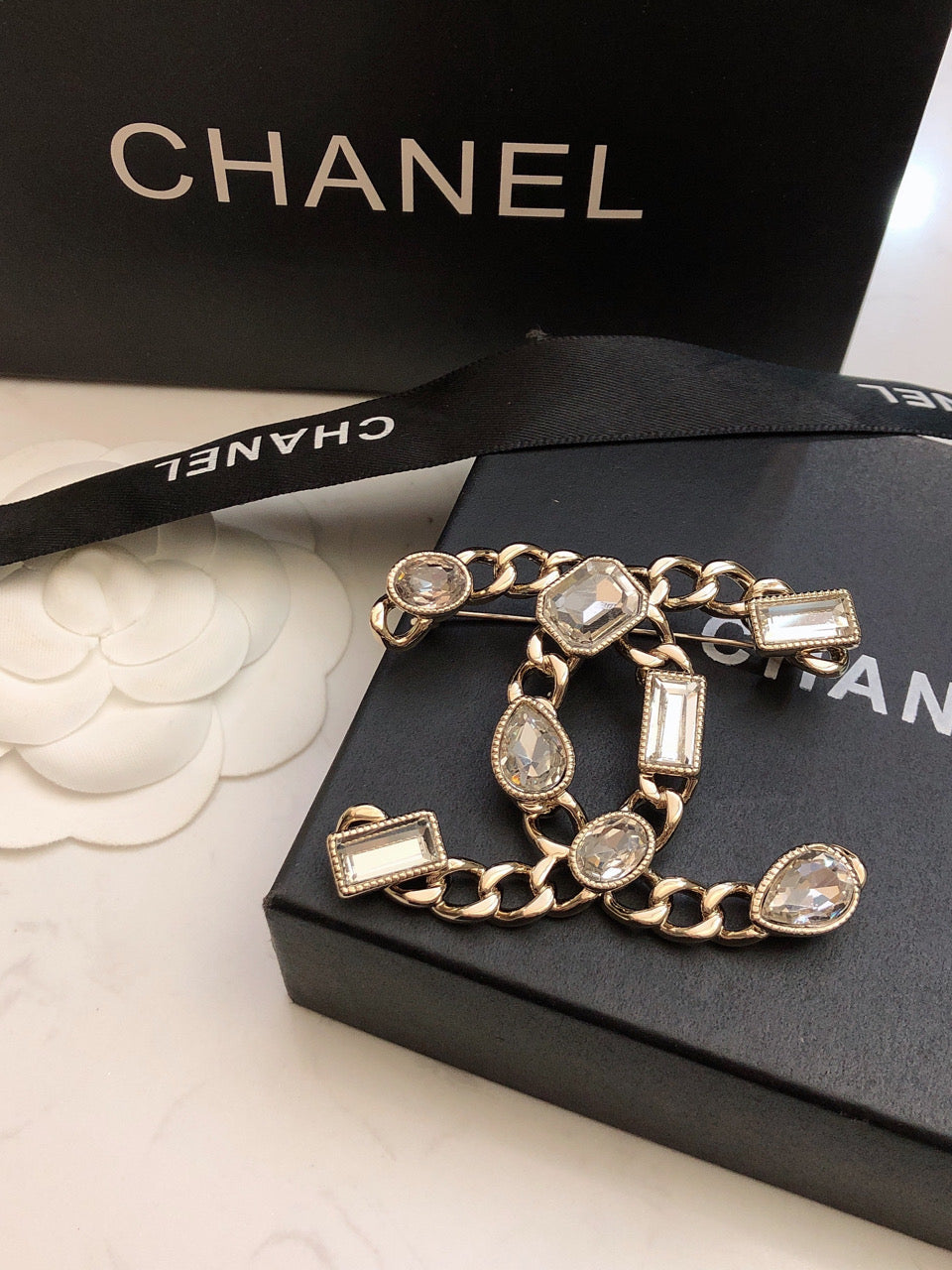 Chanel Crystals Strass 18K Gold Brooch