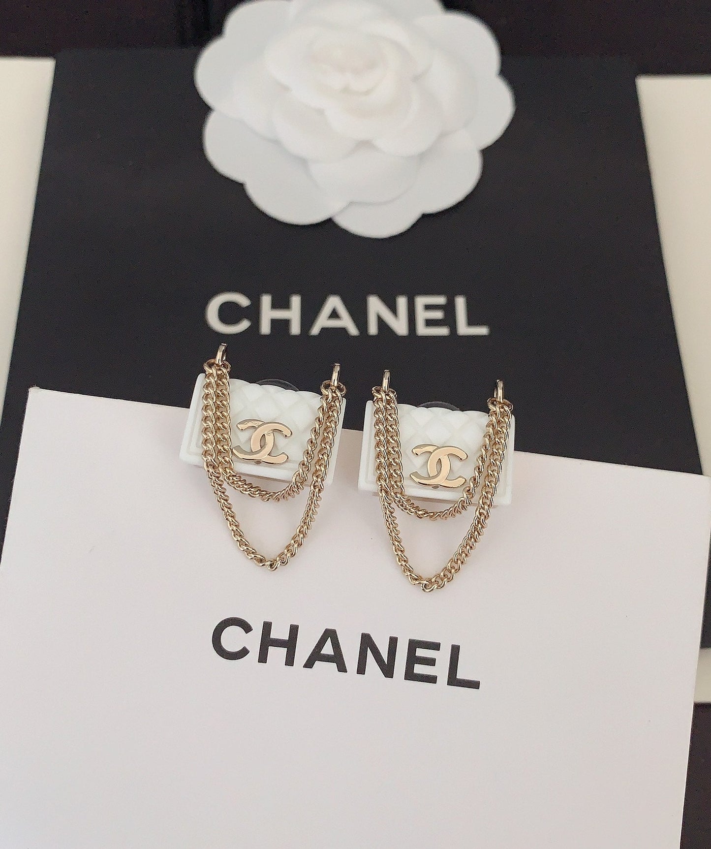 Chanel White Bag 18K Gold Earrings