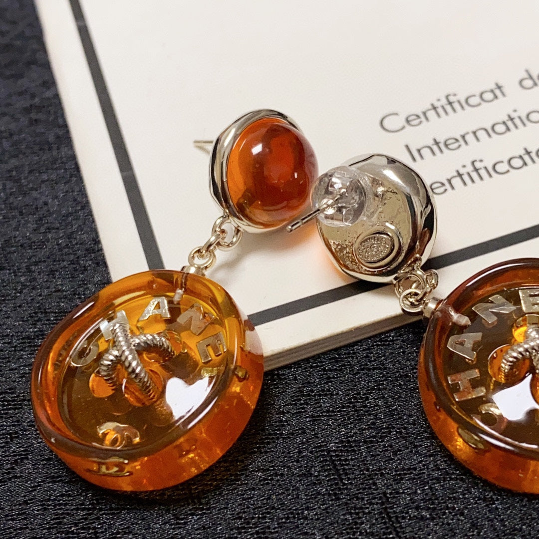Chanel Orange Pendant 18K Gold Earrings