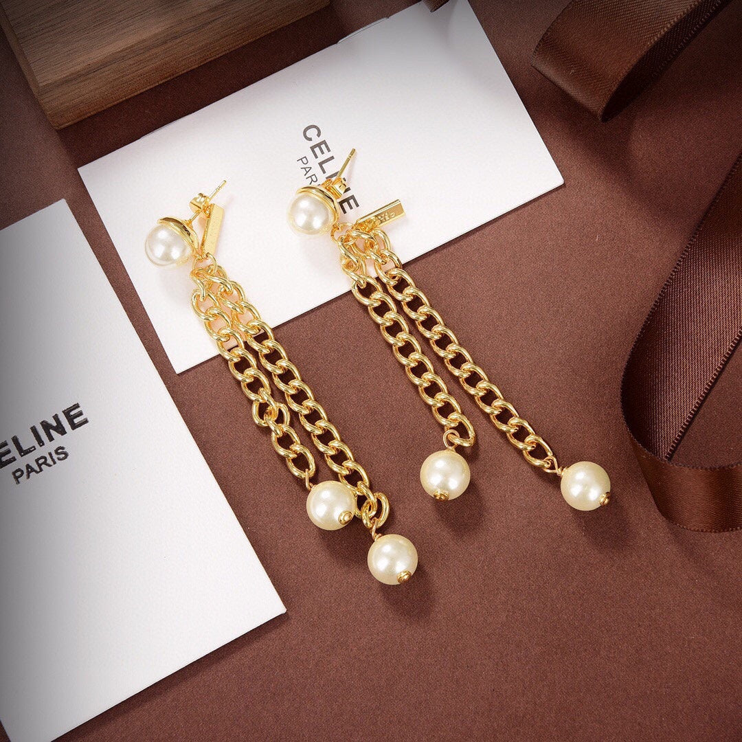 Celine Pearls Long 18K Gold Earrings