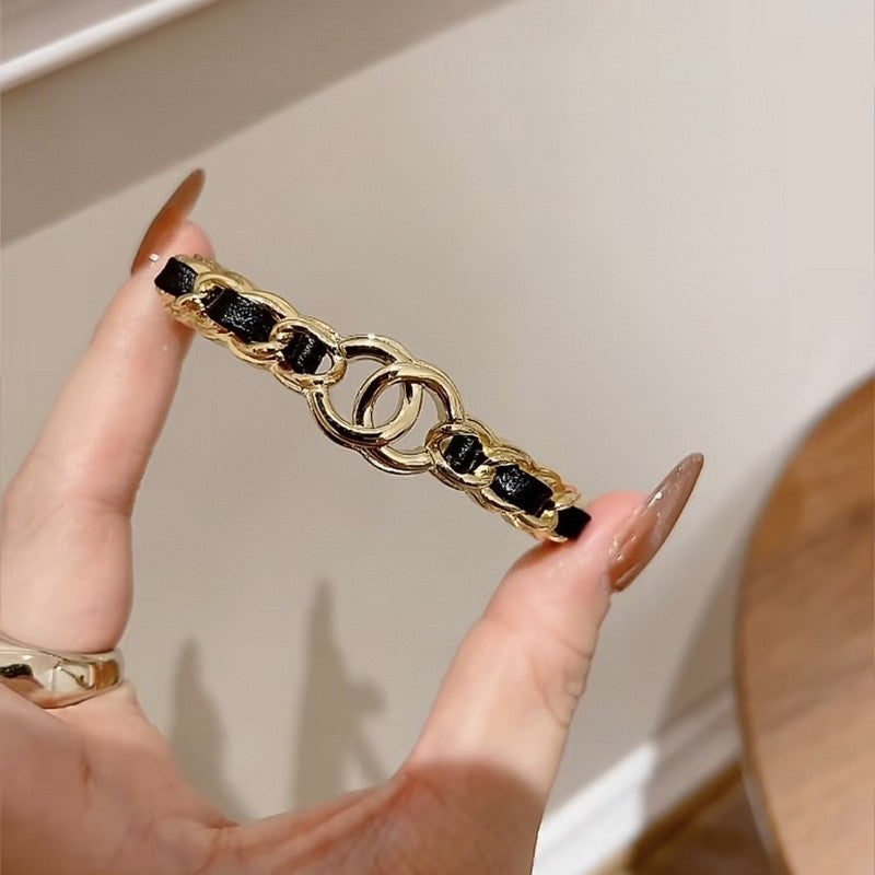 Chanel Black Leather Cuff 18K Gold Bracelet