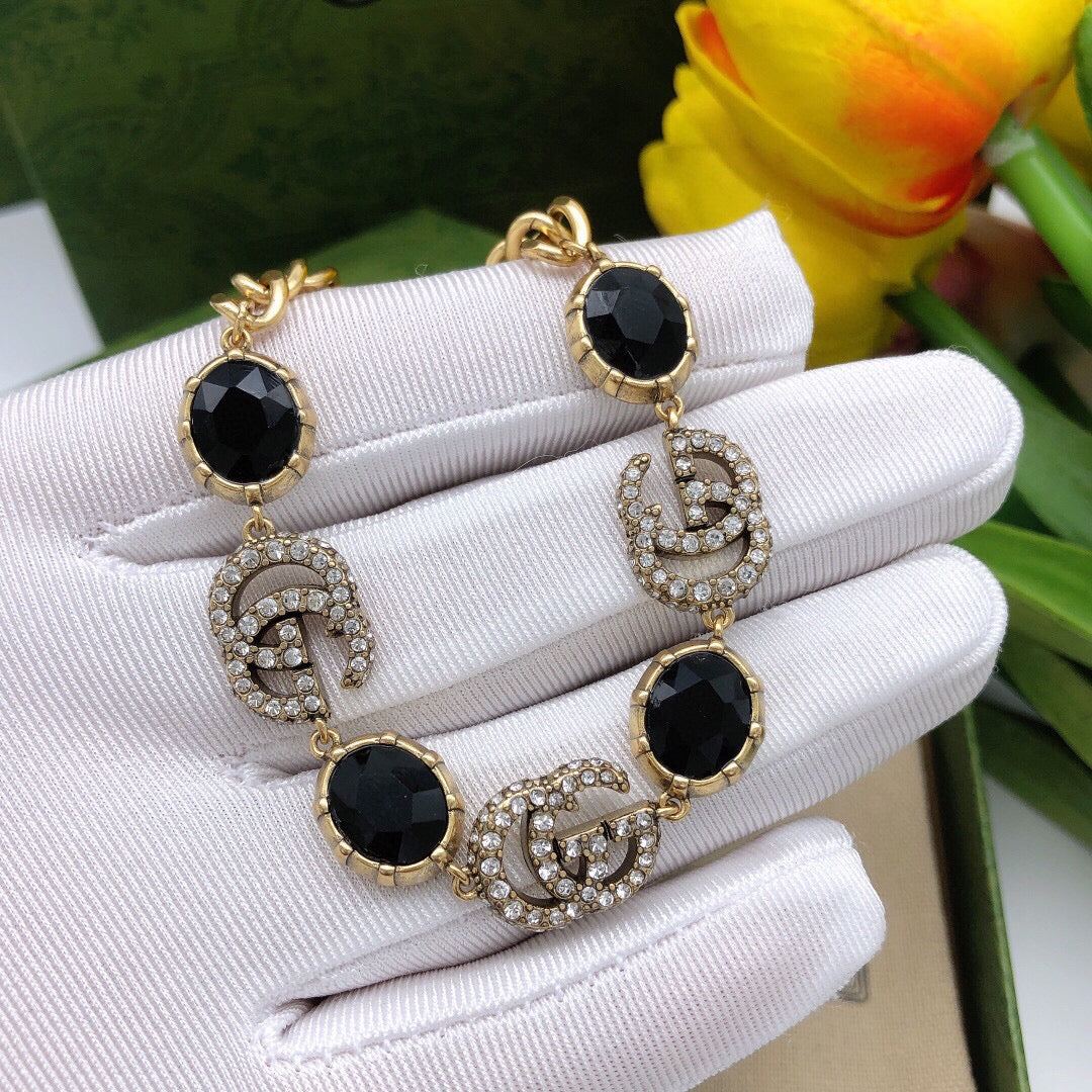 Gucci Double Black Stones Chain 18K Gold Bracelet