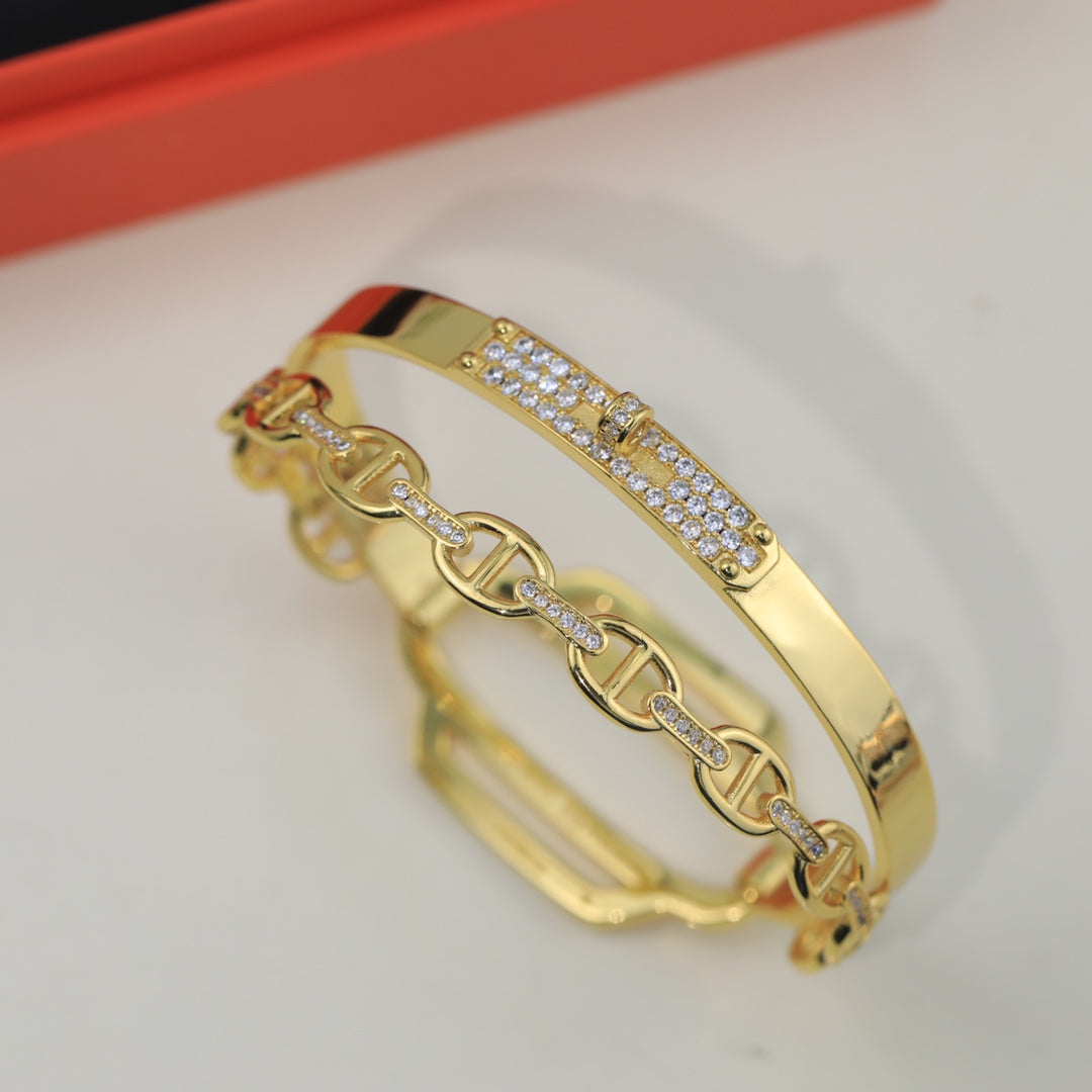 Hermes Kelly Double Tour Diamond 18K Gold Bracelet