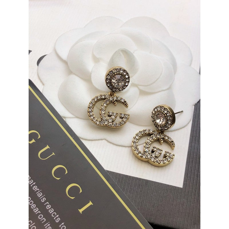 Gucci Double GucciCrystal Pendant 18K Gold Earrings