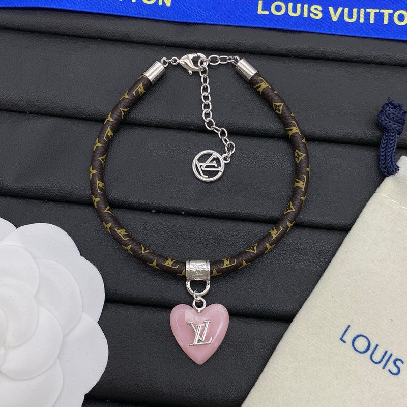 Louis Vuitton Leather Pink Heart 18K Gold Bracelet