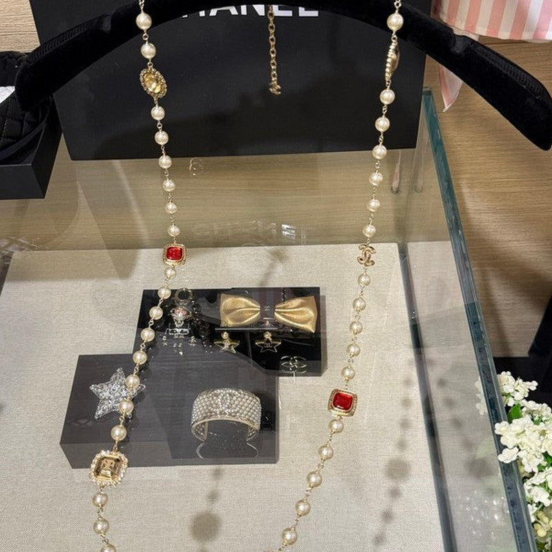 Chanel Long Pearl Red Crystals 18K Gold Necklace