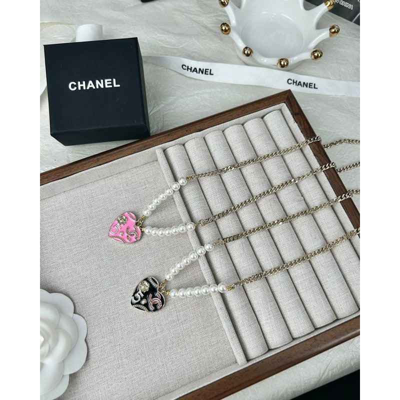 Chanel Pink & Black Heart Pearl 18K Gold Necklace