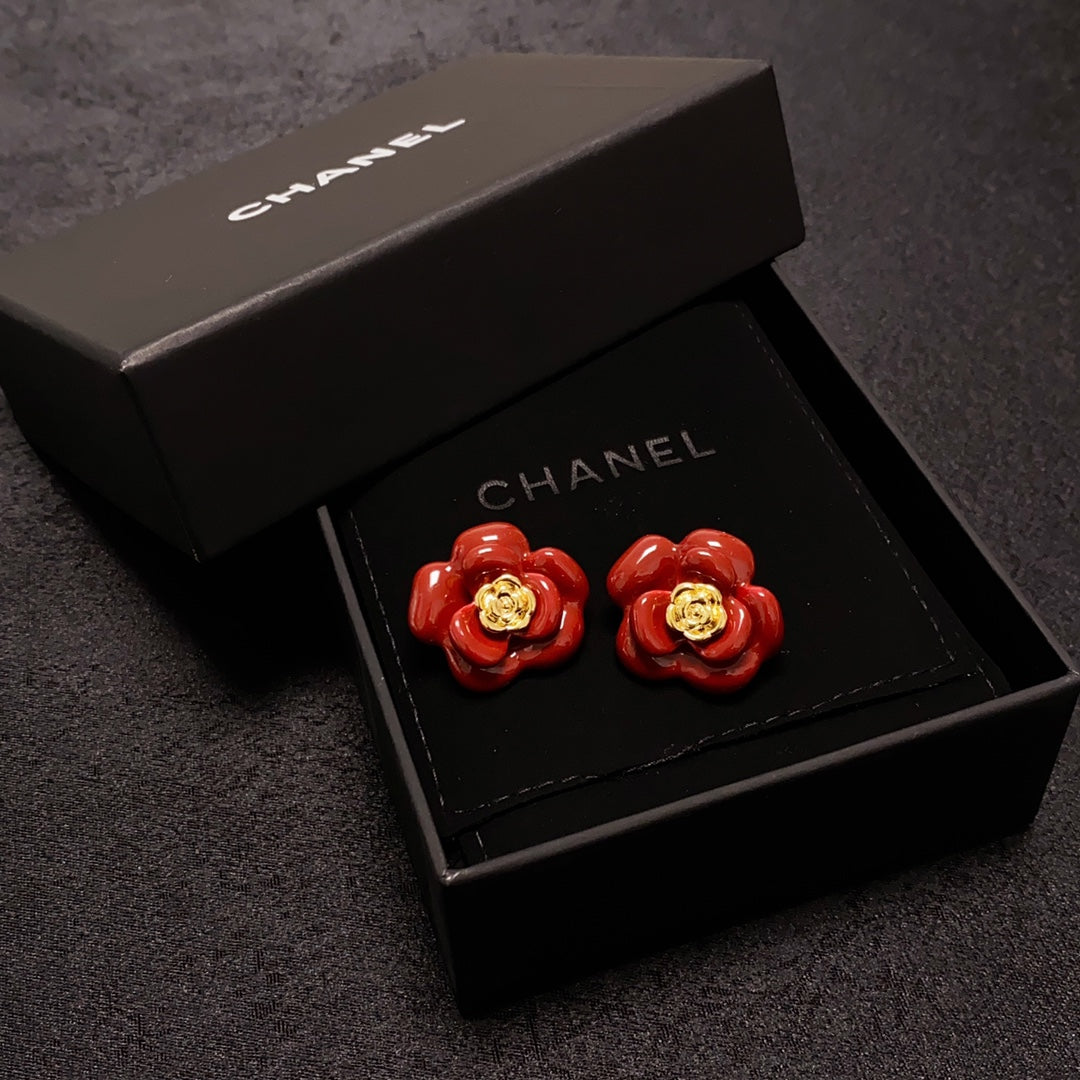 Chanel Red Camellia Resin 18K Gold Earrings