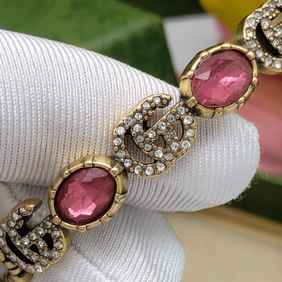 Gucci Double Red Crystals Open Cuff 18K Gold Bracelet