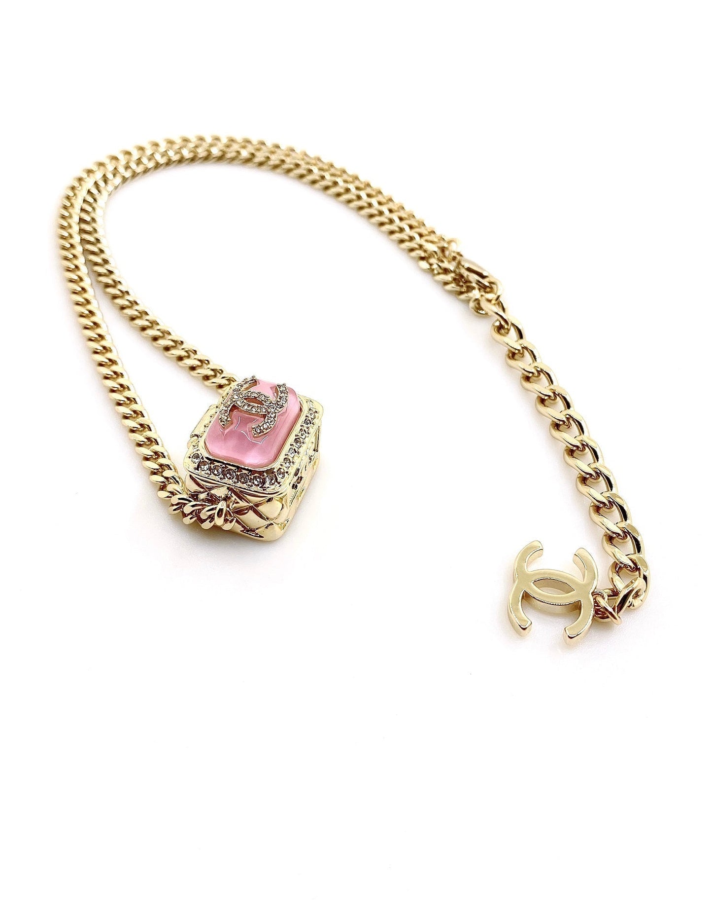 Chanel Pink Resin Chain 18K Gold Necklace