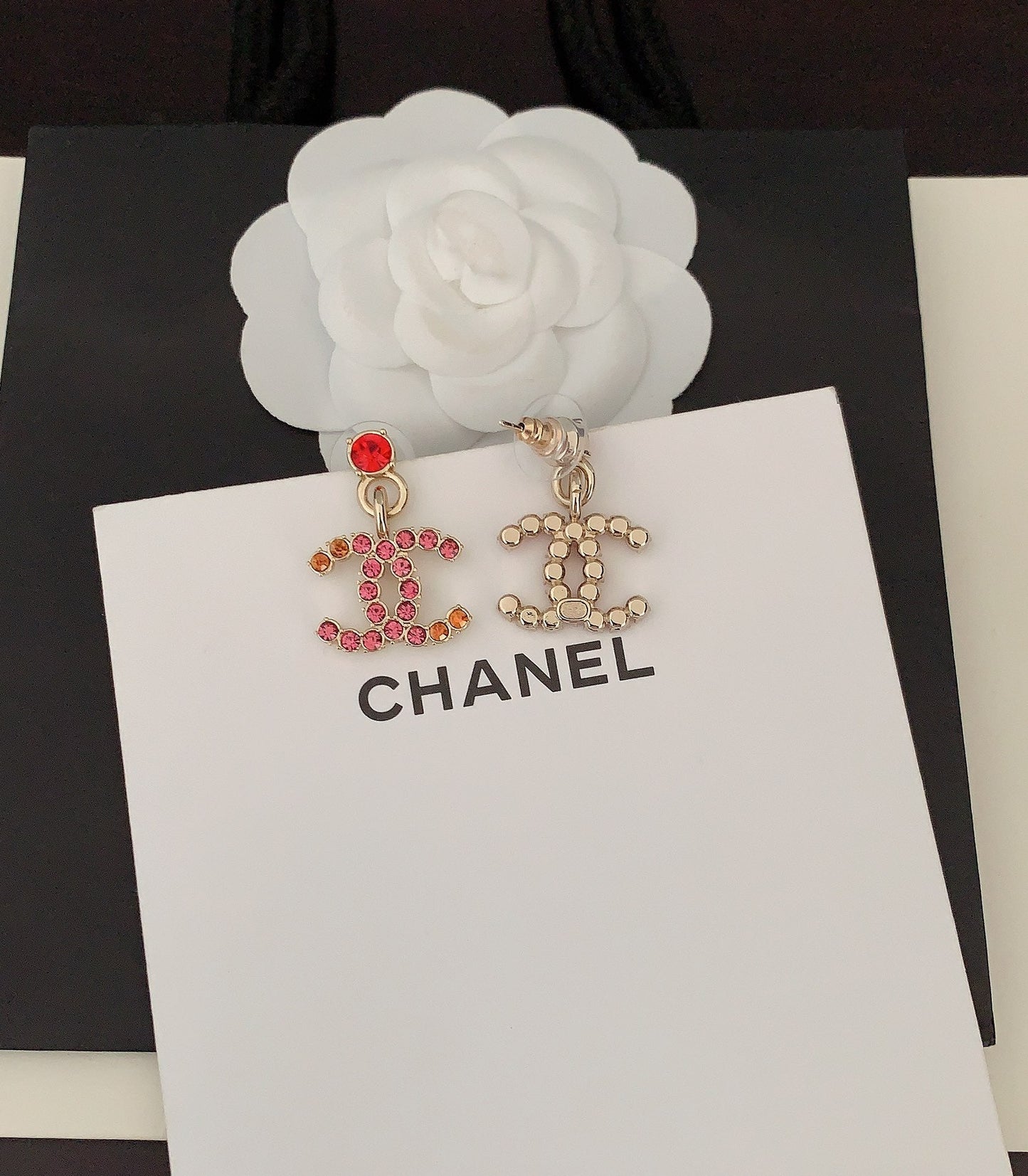 Chanel Pink Crystals 18K Gold Earrings