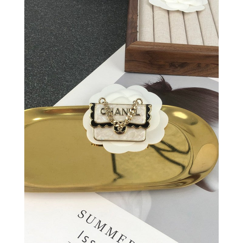 Chanel White Bag 18K Gold Brooch