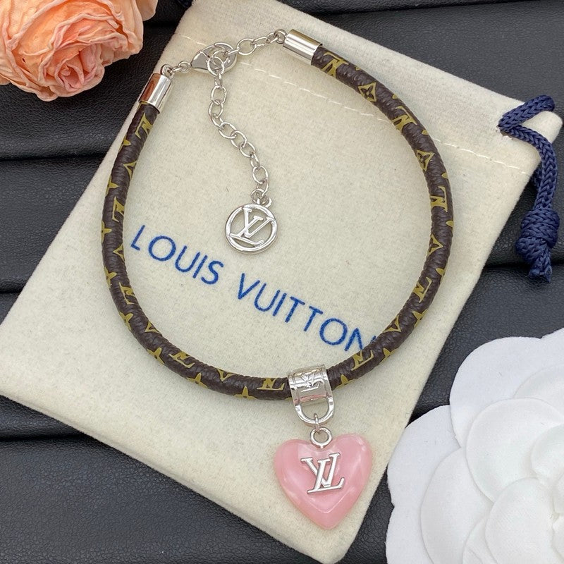 Louis Vuitton Leather Pink Heart 18K Gold Bracelet