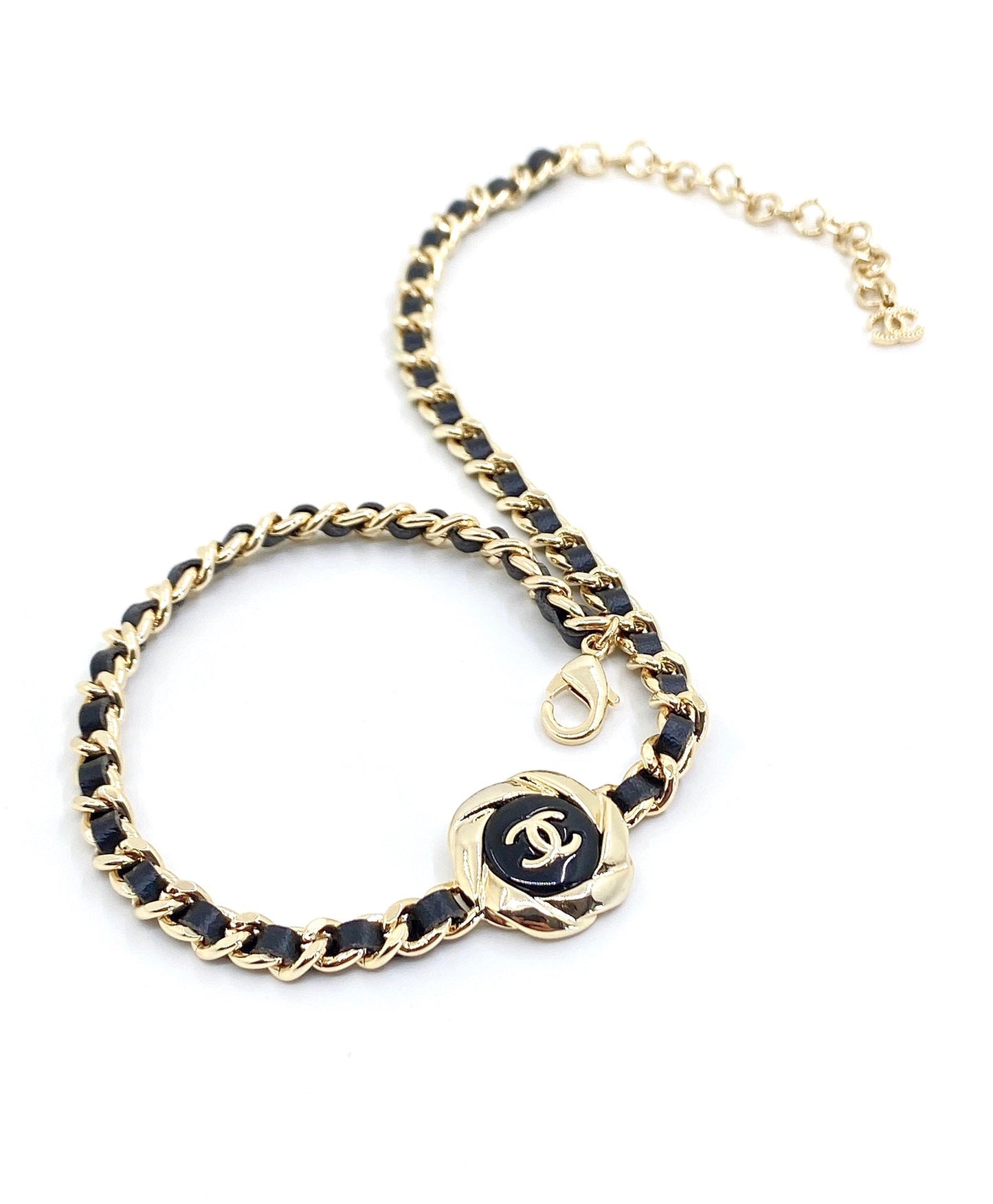 Chanel Rhinestone Leather Choker 18K Gold Necklace