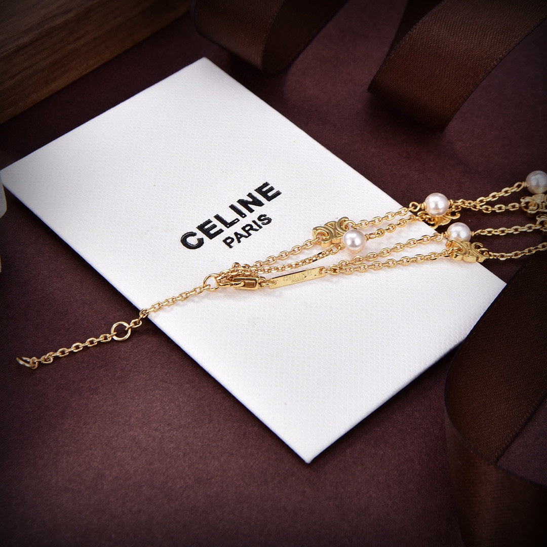 Celine Pearl Double 18K Gold Necklace