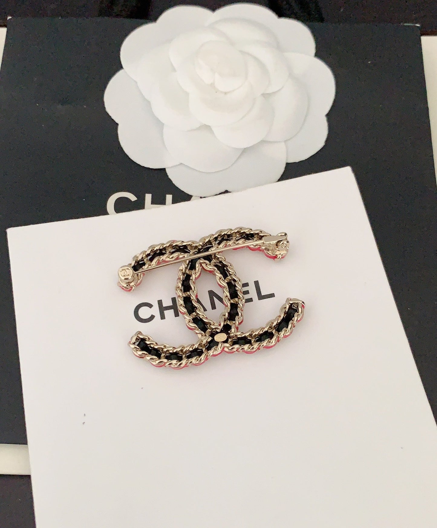 Chanel Leather Pink 18K Gold Brooch