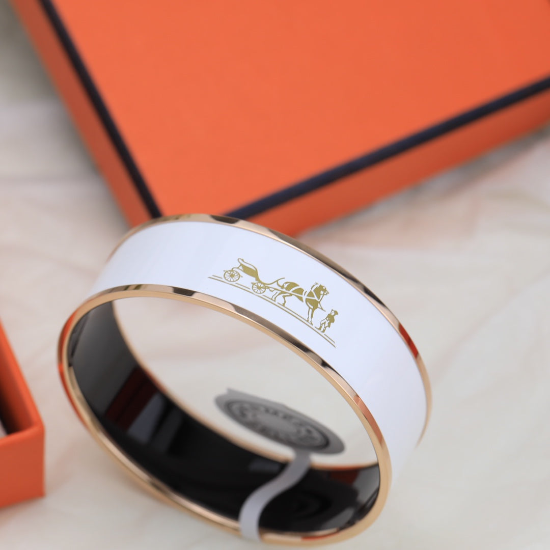 Hermes Enamel Cal ̈ ̈che Wide Bangle 18K Gold Bracelet