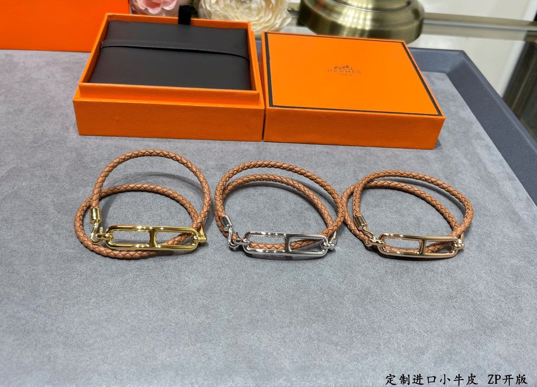Hermes Roulis Double Tour Brown 18K Gold Bracelet