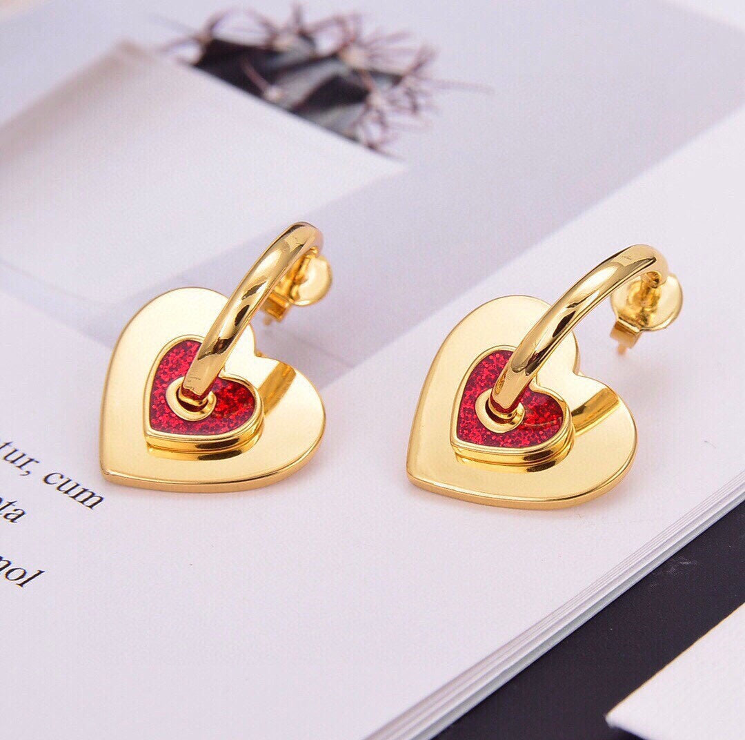 Celine Red Heart 18K Gold Earrings