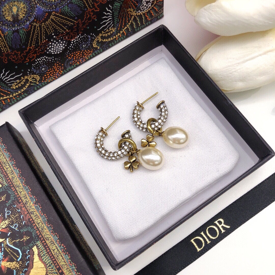 Dior March Grass Pearl Crystals 18K Gold Earrings