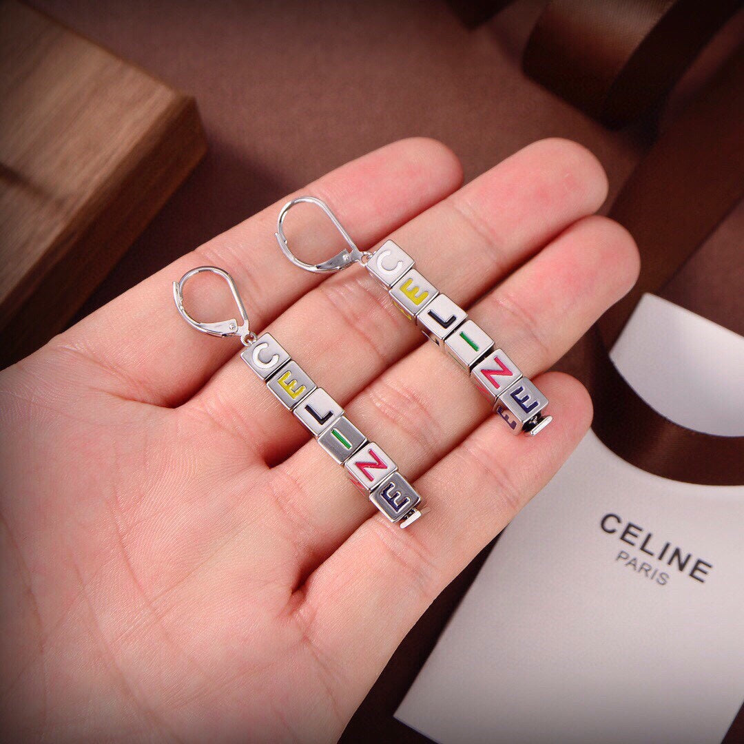 Celine Script Cube 18K Gold Earrings