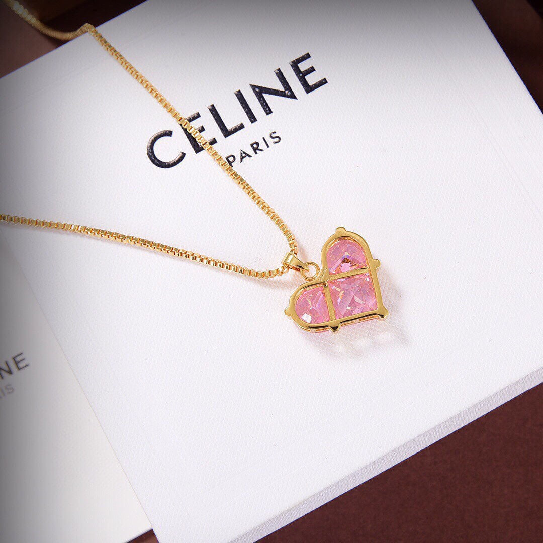 Celine Pink Heart Crystal 18K Gold Necklace