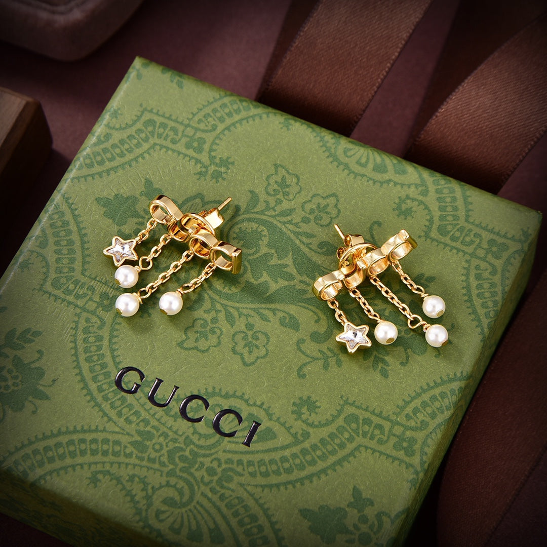 Gucci Double Script Pearl 18K Gold Earrings